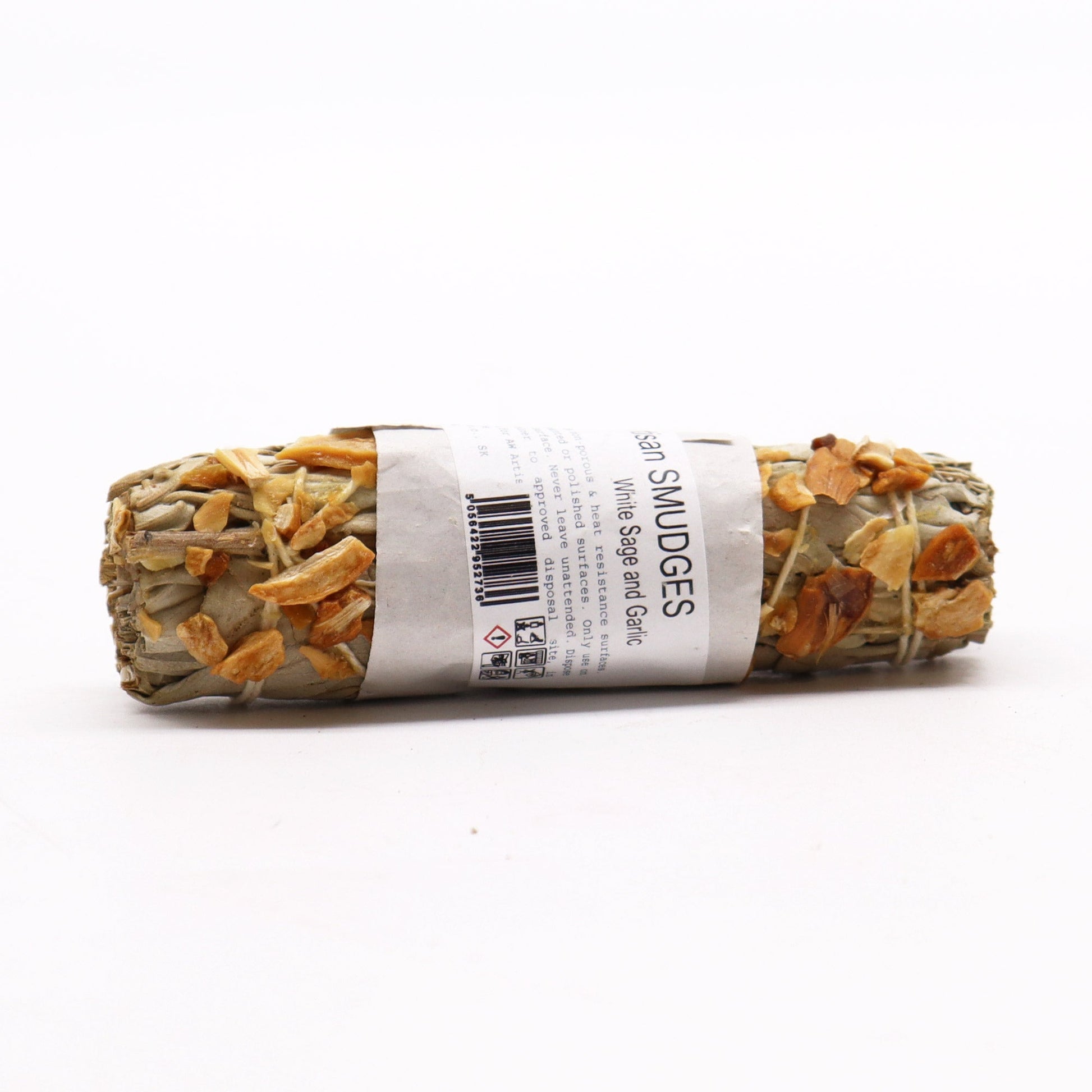 10cm Handcrafted Incense Smudge Stick - White Sage and Garlic product packaging on clean background from Quintessential Holistic Health Ltd