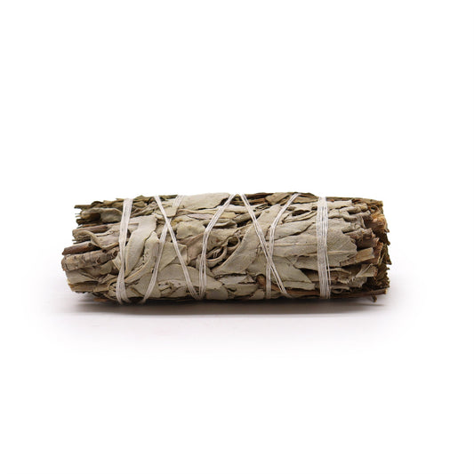 10cm Handcrafted Incense Smudge Stick - White Sage and Pirul Foliage product packaging on clean background from Quintessential Holistic Health Ltd