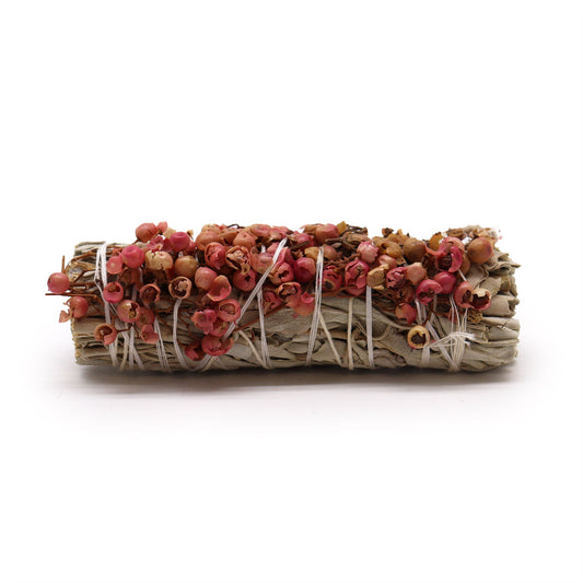 10cm Handcrafted Incense Smudge Stick - White Sage and Pirul Seed product packaging on clean background from Quintessential Holistic Health Ltd