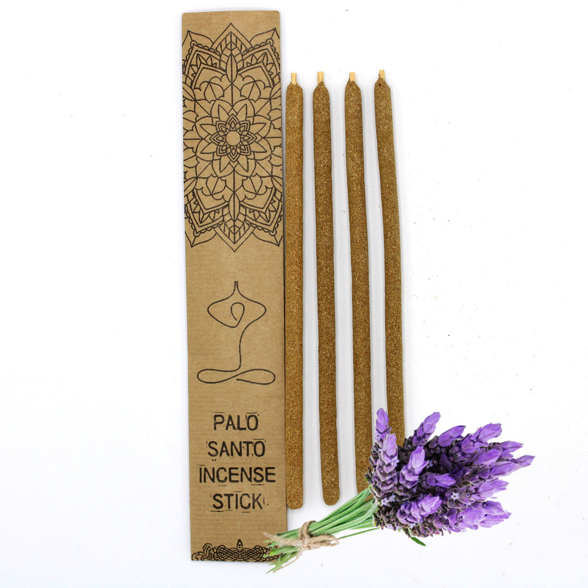 Palo Santo Incense Sticks - Lavender, Large 4 Pack, four brown sticks beside a decorated box and purple flower sprigs, by Quintessential Holistic Health Ltd