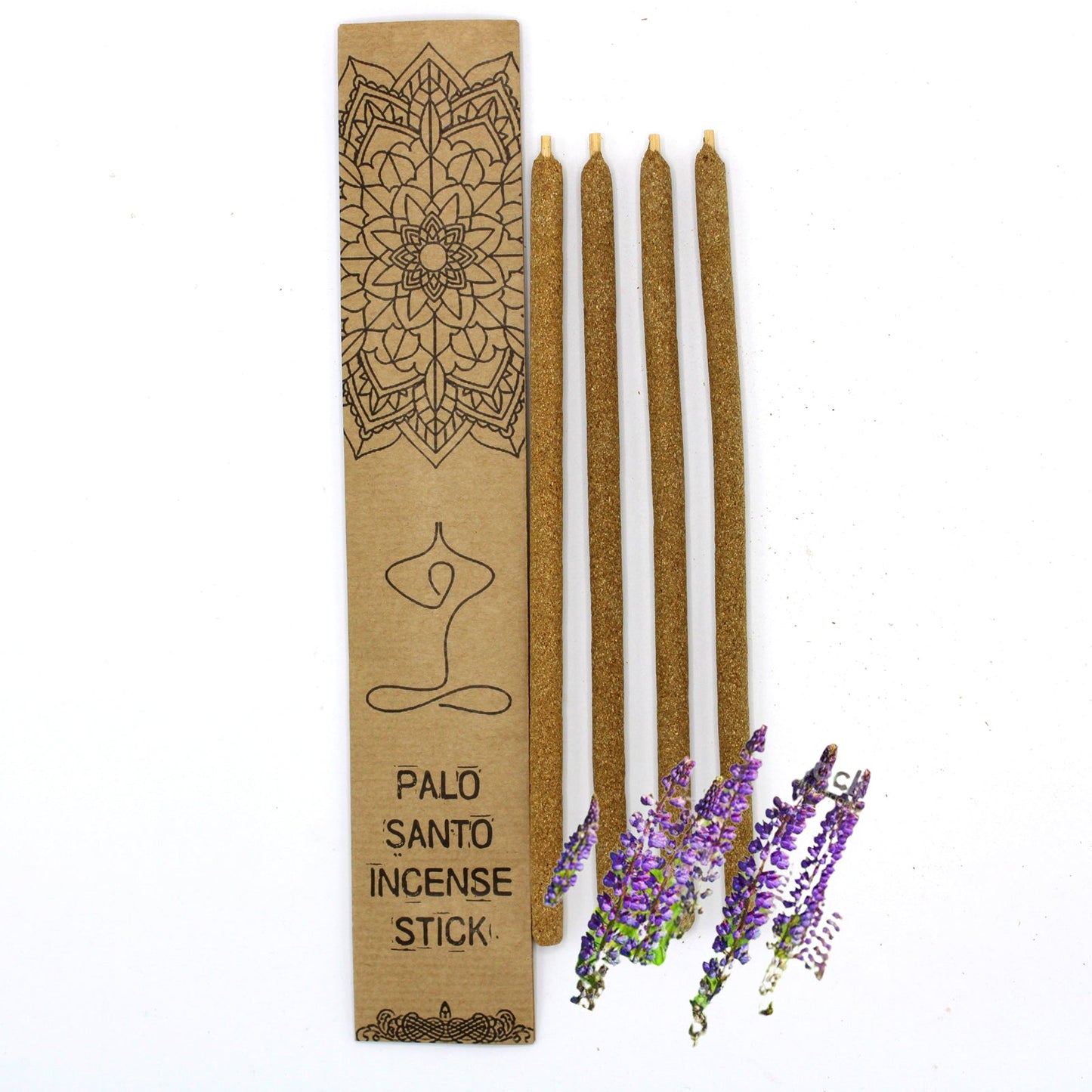 Eco-Friendly Palo Santo Incense Sticks - Chipre, Large 4 Pack, four brown sticks beside a decorated box and purple flower sprigs, by Quintessential Holistic Health Ltd