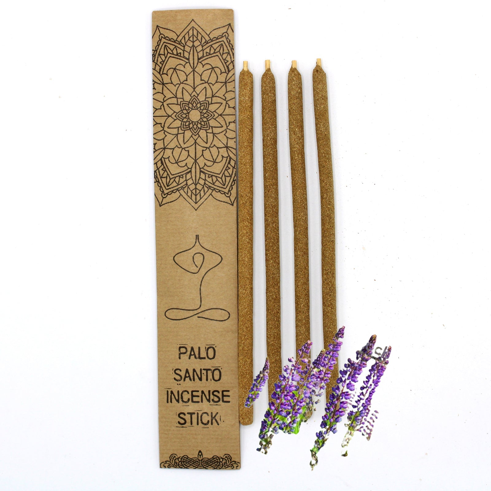 Eco-Friendly Palo Santo Incense Sticks - Chipre, Large 4 Pack, four brown sticks beside a decorated box and purple flower sprigs, by Quintessential Holistic Health Ltd