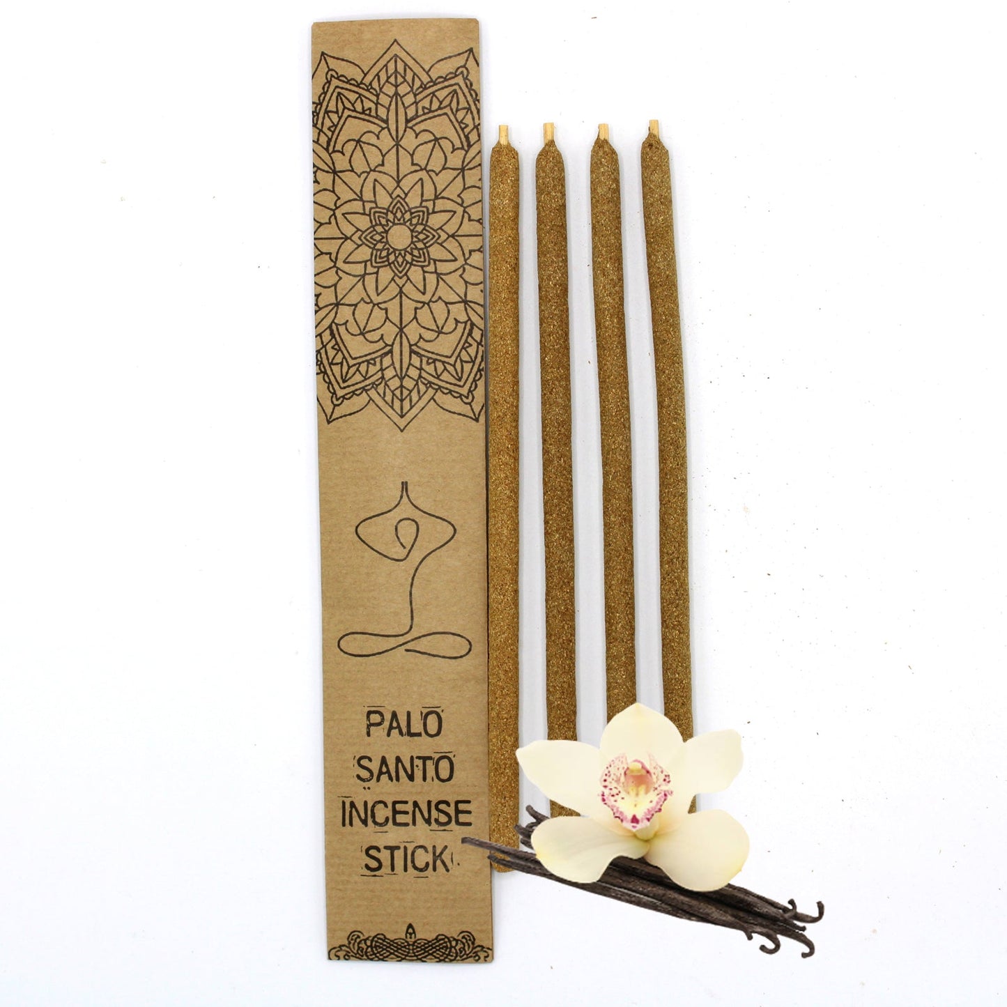 Eco-Friendly Palo Santo Incense Sticks - Vanilla, Large 4 Pack, with four sticks, a pale flower and dark pods by Quintessential Holistic Health Ltd