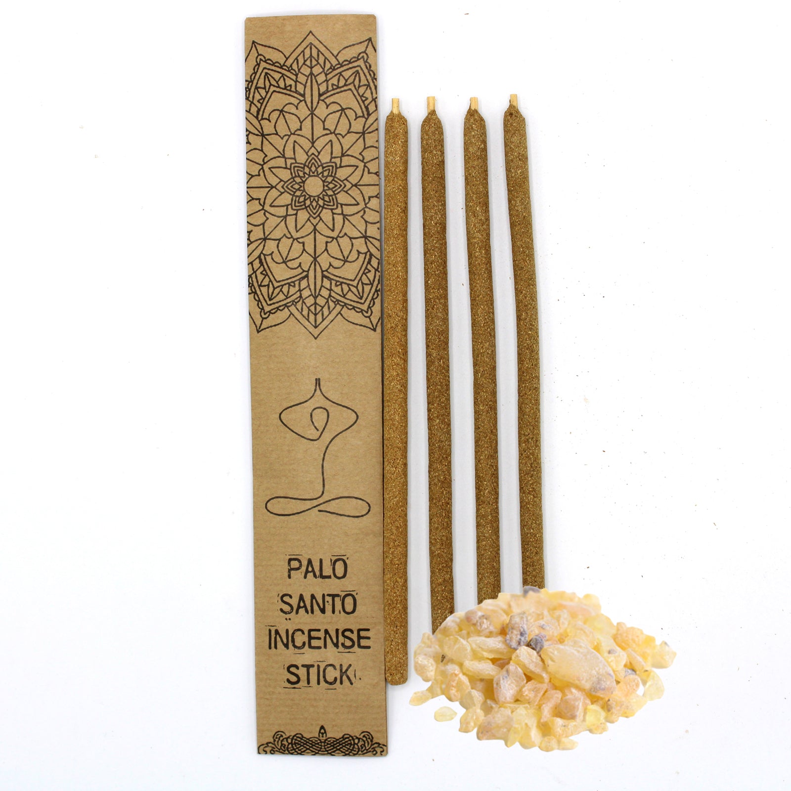 Eco-Friendly Palo Santo Incense Sticks - Copal, Large 4 Pack, four brown sticks beside a decorated box and pale resin pieces, by Quintessential Holistic Health Ltd