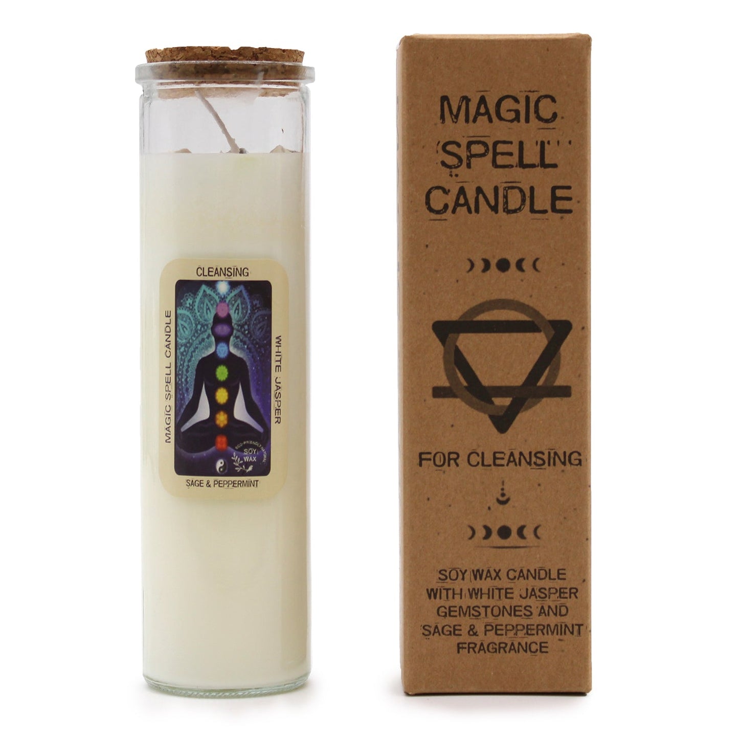 Magic Spell Gemstone Eco-Friendly Soy Wax Candle - Cleansing product packaging on clean background from Quintessential Holistic Health Ltd