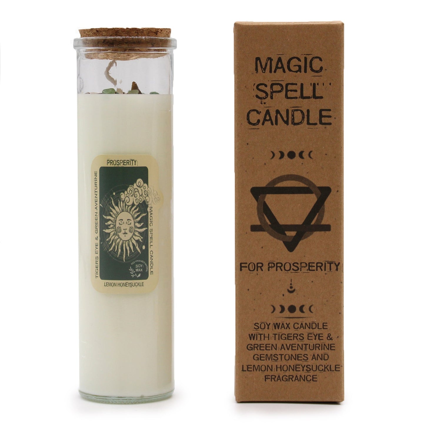 Magic Spell Gemstone Eco-Friendly Soy Wax Candle - Prosperity product packaging on clean background from Quintessential Holistic Health Ltd