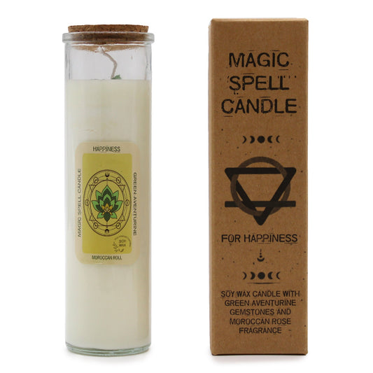 Magic Spell Gemstone Eco-Friendly Soy Wax Candle - Happiness product packaging on clean background from Quintessential Holistic Health Ltd
