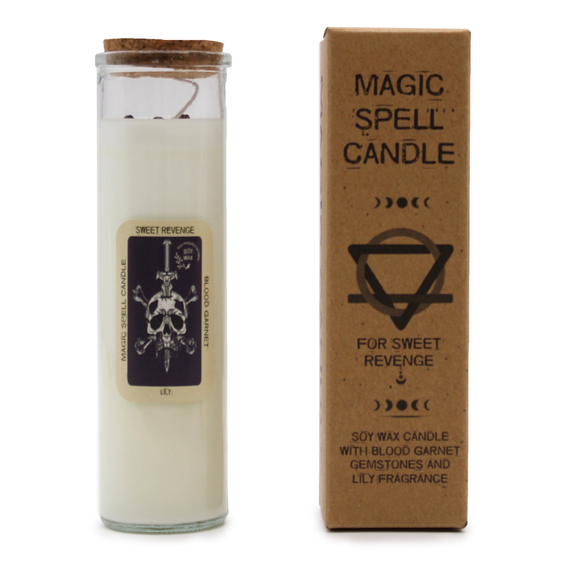 Magic Spell Gemstone Eco-Friendly Soy Wax Candle - Sweet Revenge product packaging on clean background from Quintessential Holistic Health Ltd