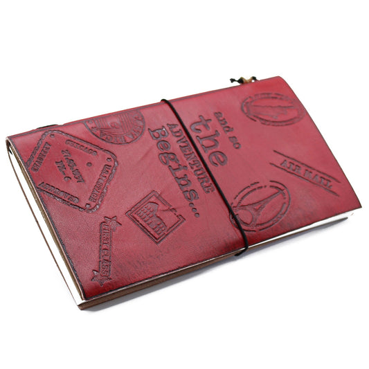 Handmade Leather-Bound Eco-Friendly Journal with Wrap - Slim - Red - The Adventure Begins - main product image from Quintessential Holistic Health Ltd UK