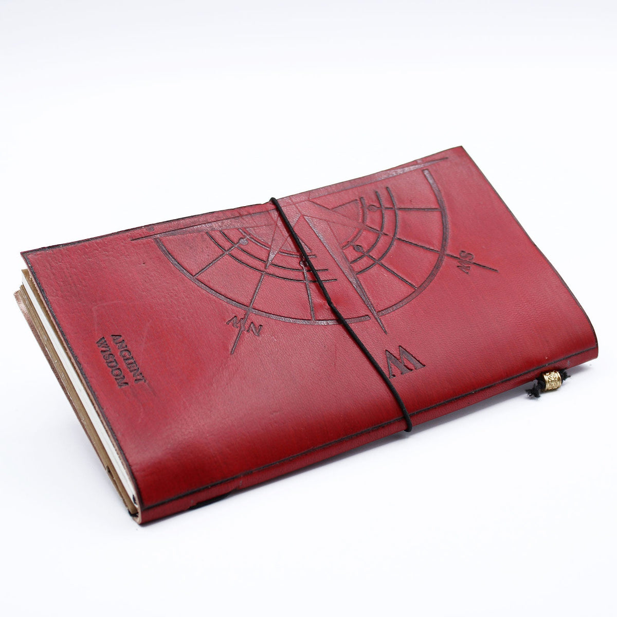 Handmade Slim Leather Journal - Red - The Adventure Begins, with a large embossed compass design and black elastic closure, by Quintessential Holistic Health Ltd