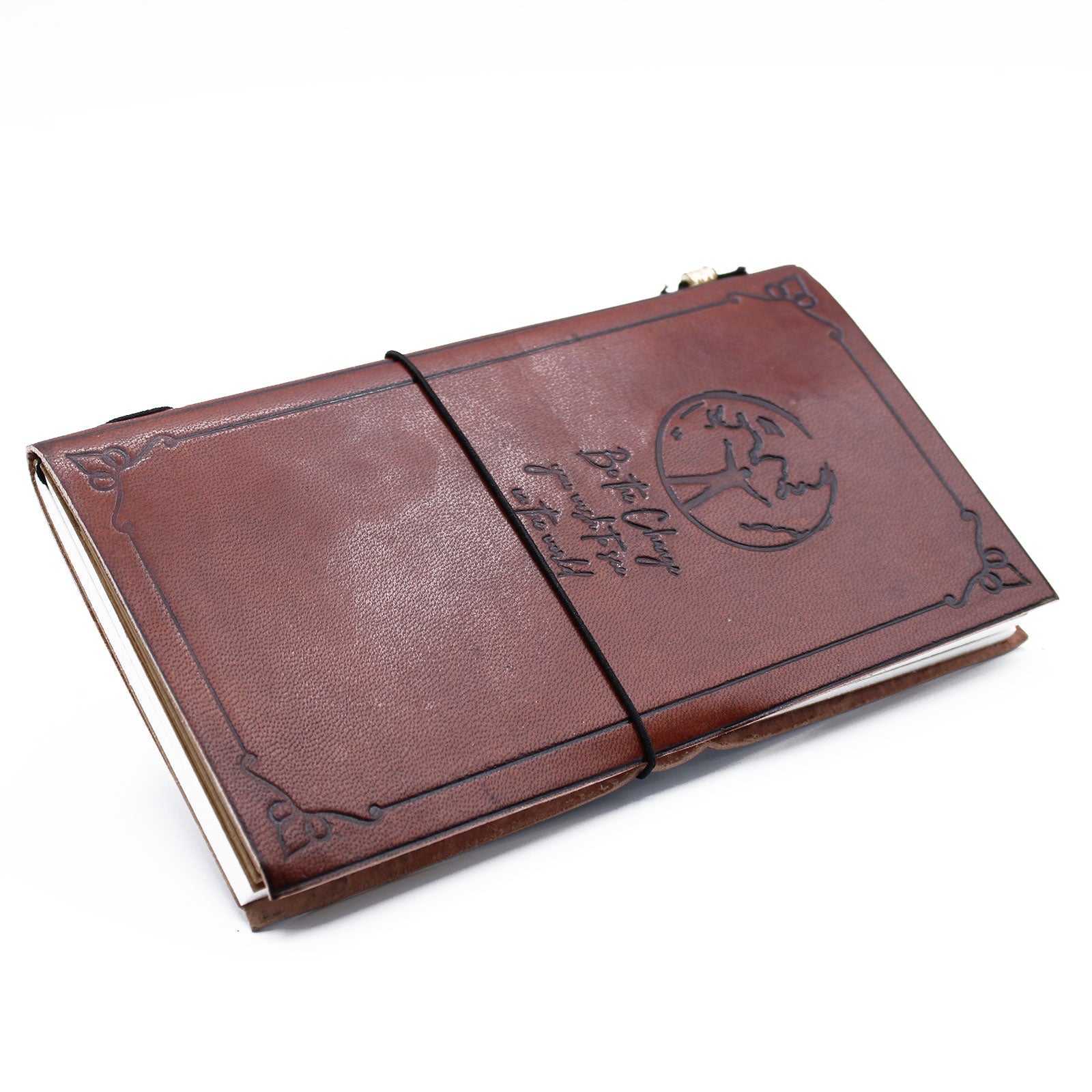 Handmade Leather-Bound Eco-Friendly Journal with Wrap - Slim / Brown / Be the Change product packaging on clean background from Quintessential Holistic Health Ltd