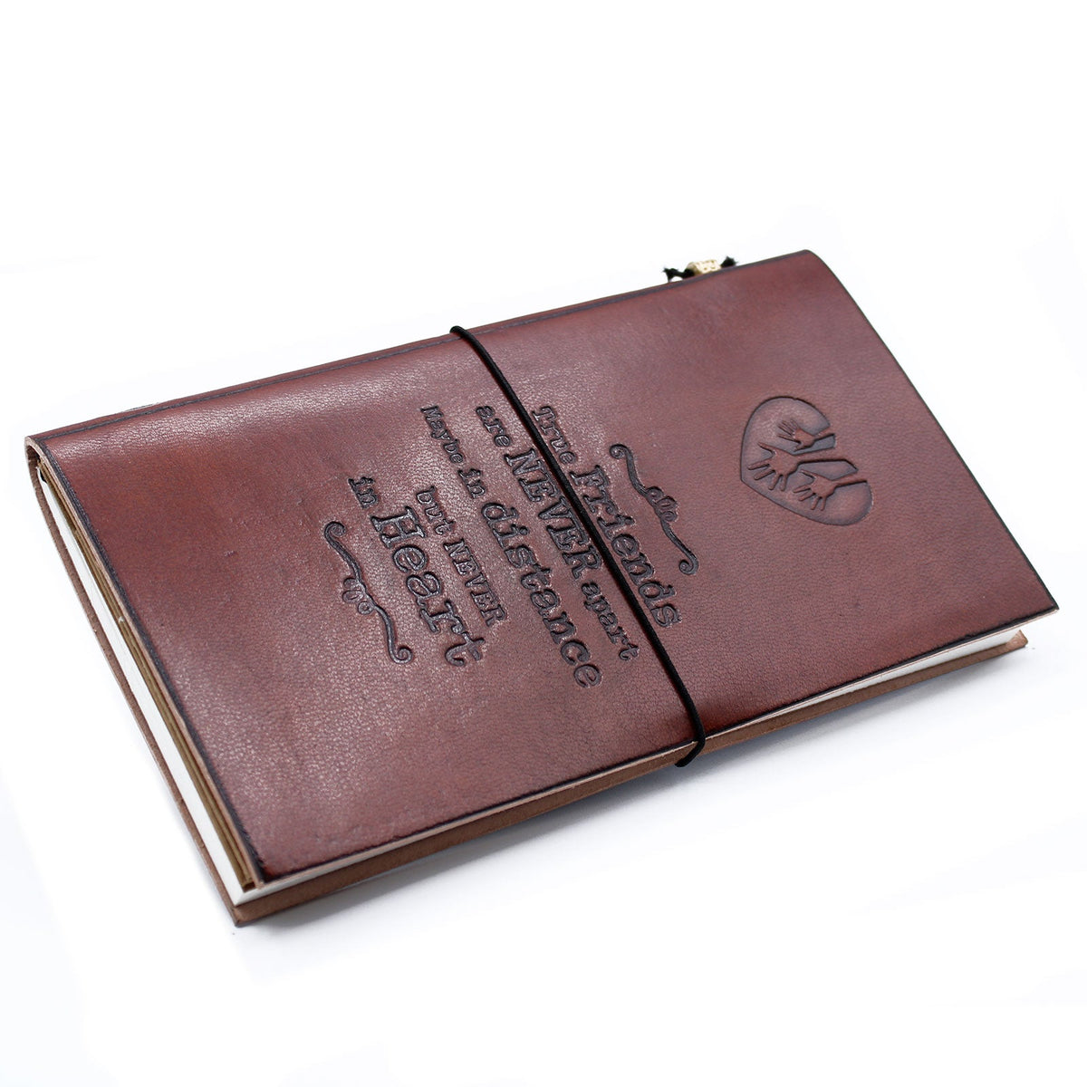Handmade Slim Leather Journal - Brown - True Friends, with an embossed friendship quote and black elastic closure, by Quintessential Holistic Health Ltd