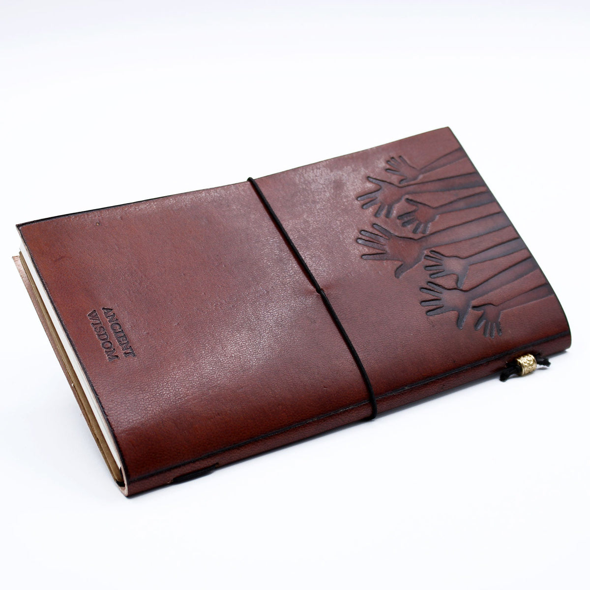 Handmade Slim Leather Journal - Brown - True Friends, with embossed leafy branches and black elastic closure, by Quintessential Holistic Health Ltd