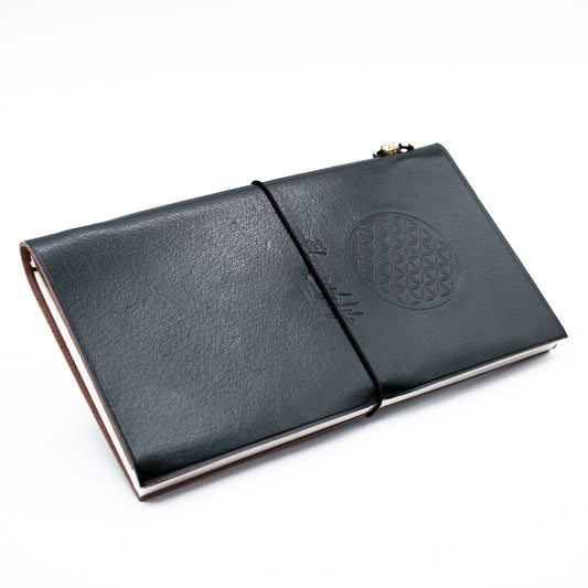 Handmade Leather-Bound Eco-Friendly Journal with Wrap - Slim - Green - Flower of Life - main product image from Quintessential Holistic Health Ltd UK