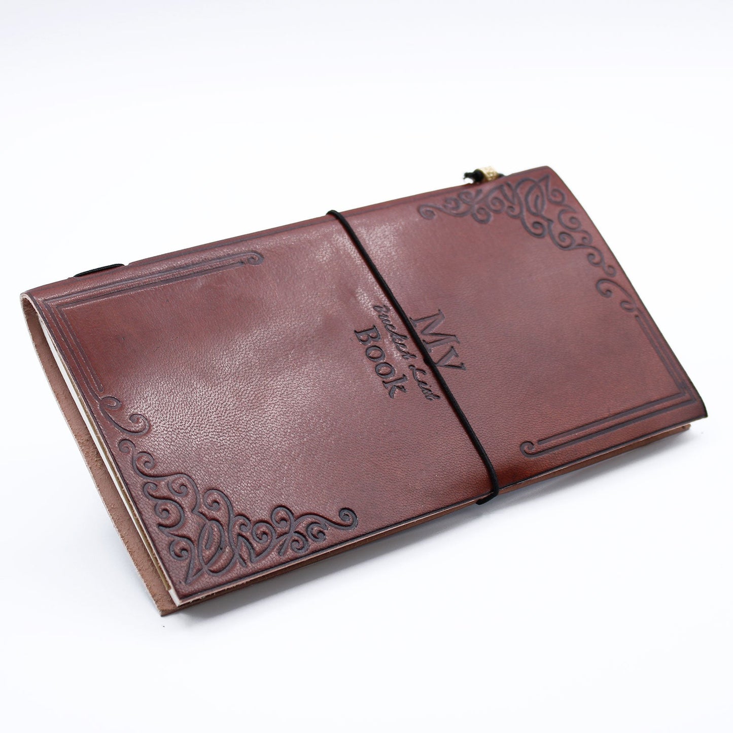 Handmade Leather-Bound Eco-Friendly Journal with Wrap - Slim / Brown / My Bucket List Book product packaging on clean background from Quintessential Holistic Health Ltd