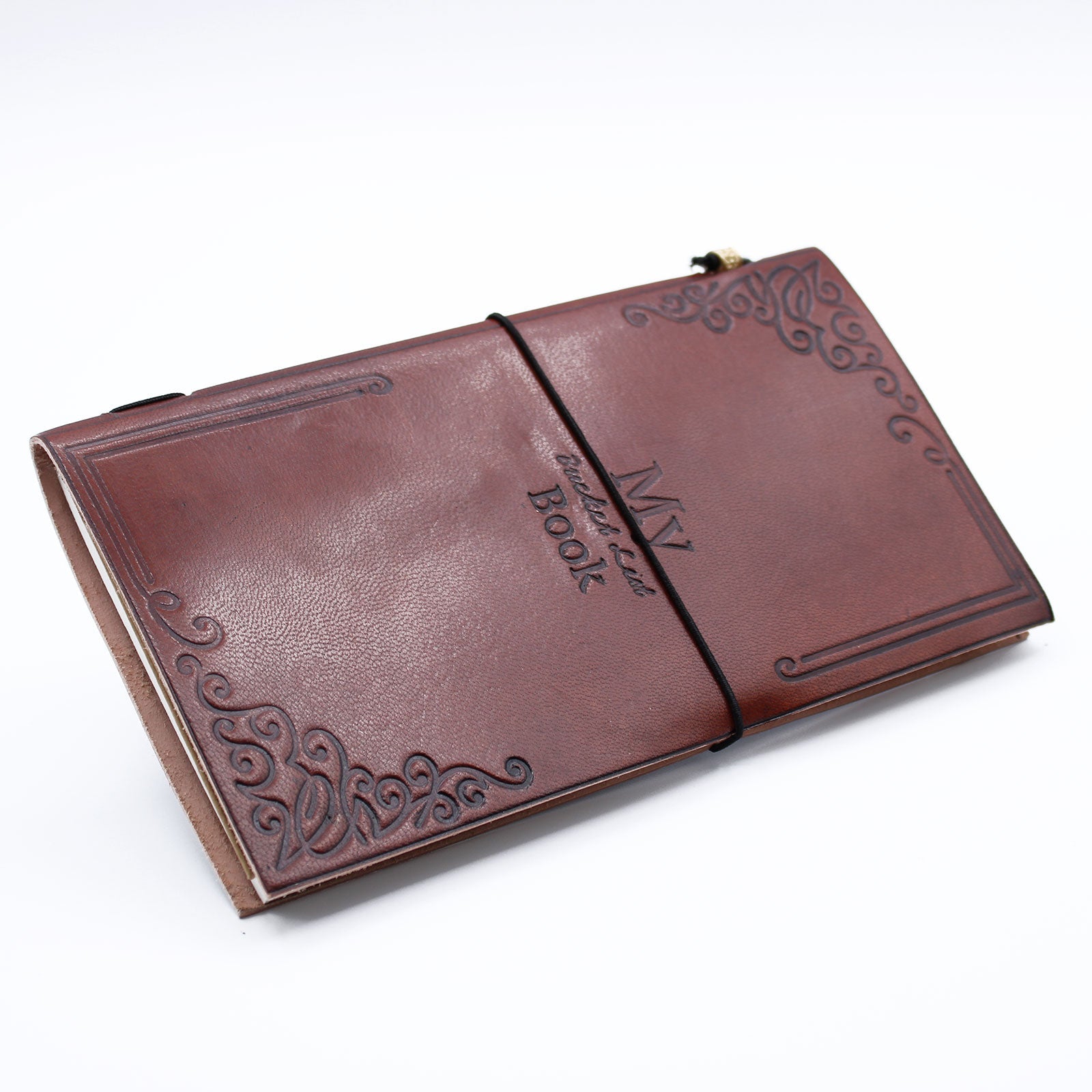 Handmade Leather-Bound Eco-Friendly Journal with Wrap - Slim / Brown / My Bucket List Book product packaging on clean background from Quintessential Holistic Health Ltd