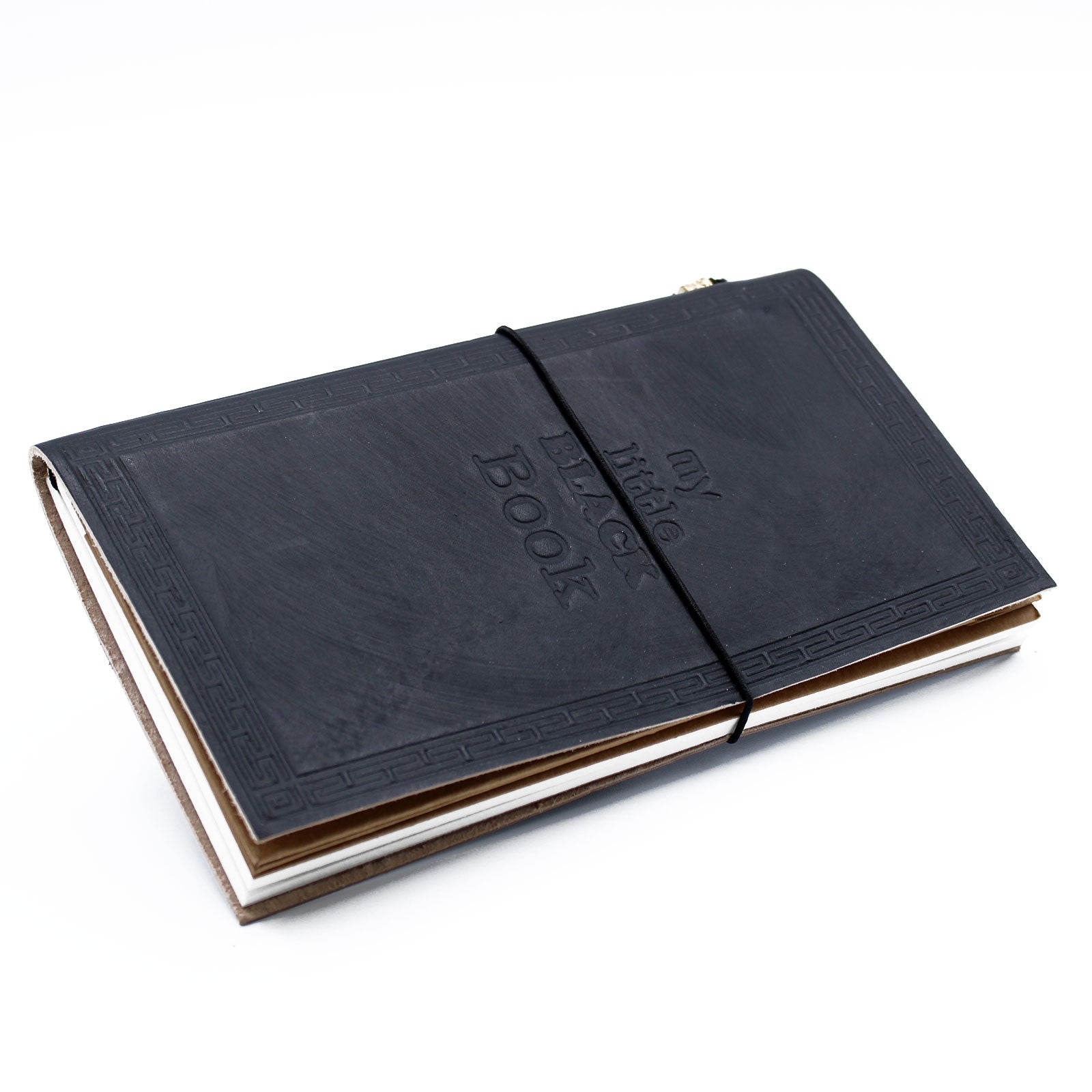 Handmade Leather-Bound Eco-Friendly Journal with Wrap - Slim / Black / My Little Black Book product packaging on clean background from Quintessential Holistic Health Ltd