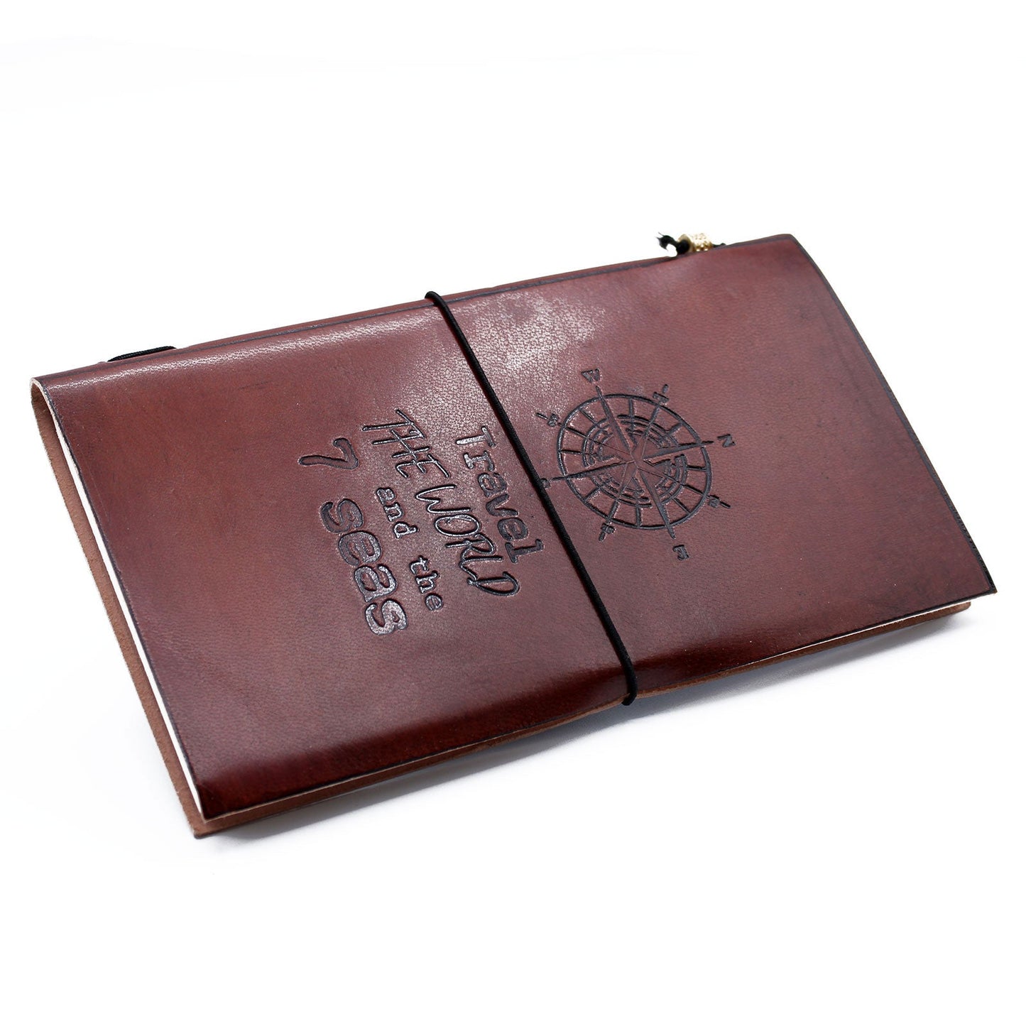 Handmade Leather-Bound Eco-Friendly Journal with Wrap - Slim / Brown / Travel the World product packaging on clean background from Quintessential Holistic Health Ltd