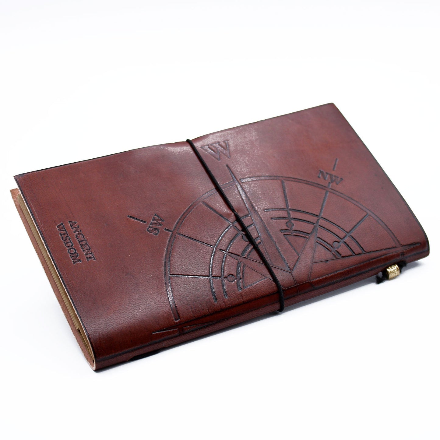 Handmade Leather-Bound Eco-Friendly Journal with Wrap - Slim / Brown / Travel the World product packaging on clean background from Quintessential Holistic Health Ltd