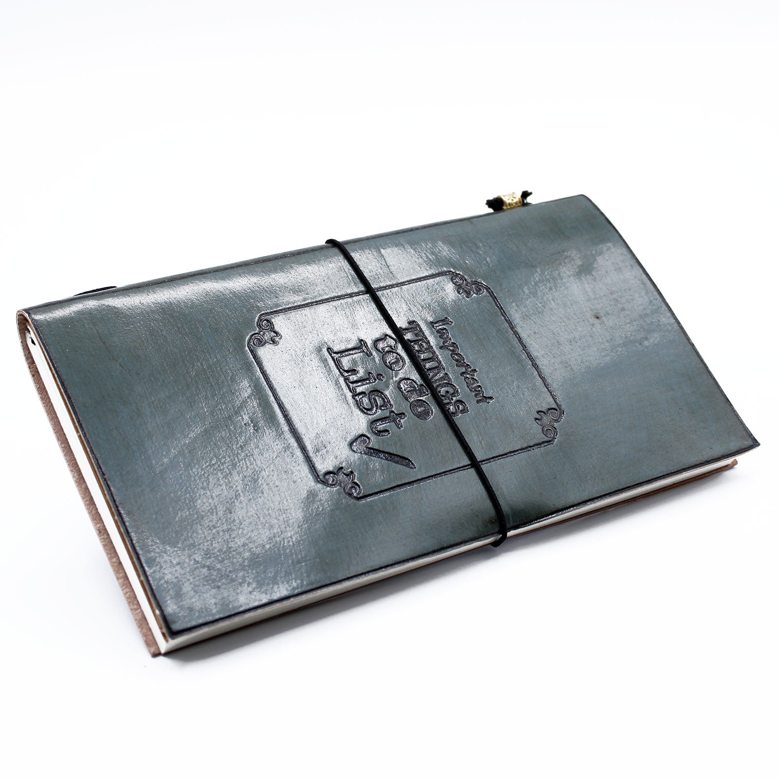 Handmade Leather-Bound Eco-Friendly Journal with Wrap - Slim / Grey / Important Things To Do product packaging on clean background from Quintessential Holistic Health Ltd