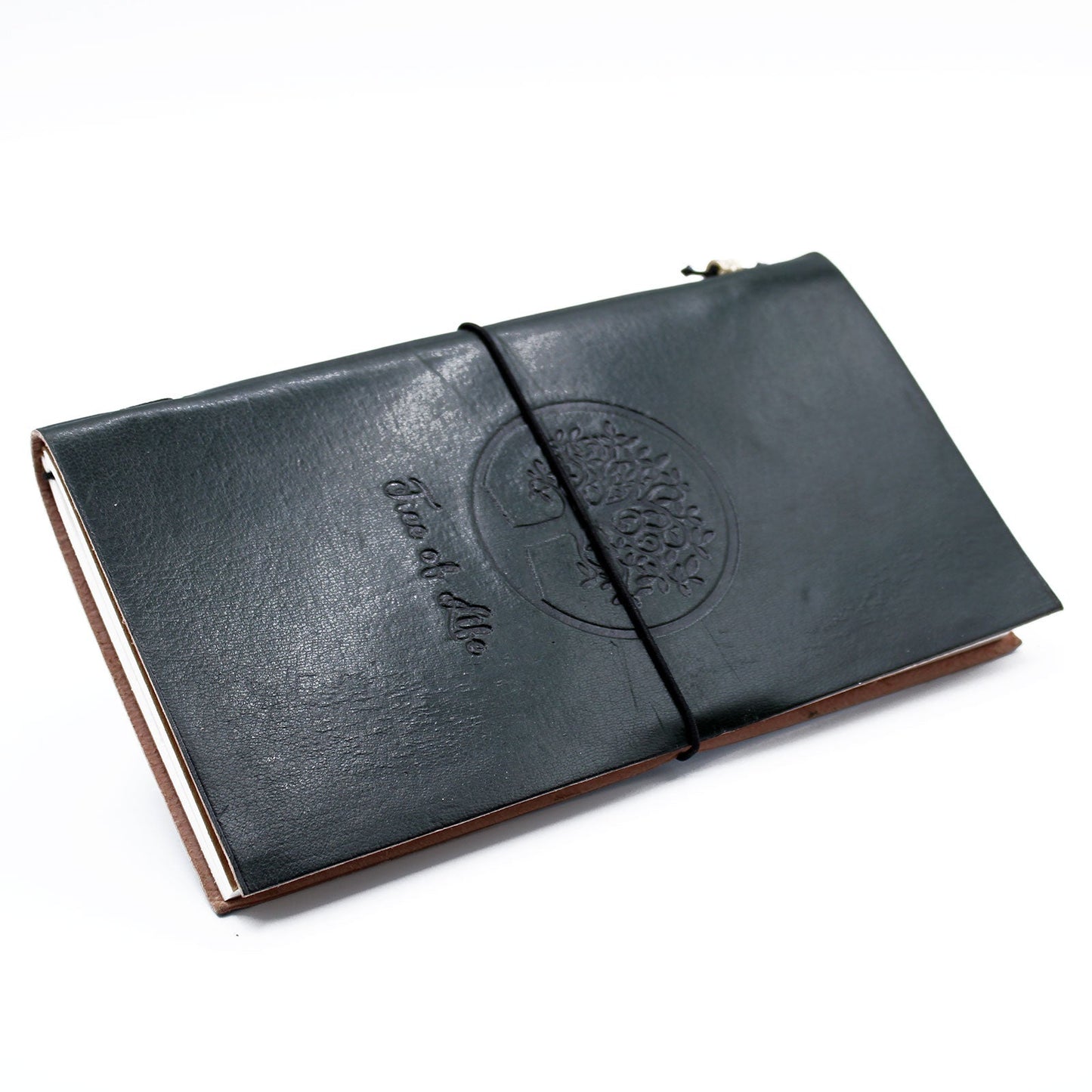 Handmade Leather-Bound Eco-Friendly Journal with Wrap - Slim / Green / Tree of Life product packaging on clean background from Quintessential Holistic Health Ltd