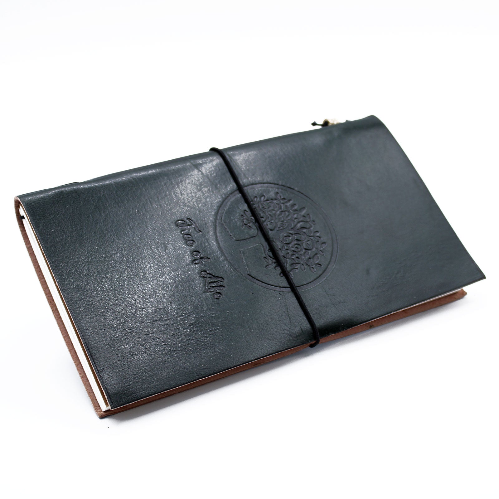 Handmade Leather-Bound Eco-Friendly Journal with Wrap - Slim / Green / Tree of Life product packaging on clean background from Quintessential Holistic Health Ltd