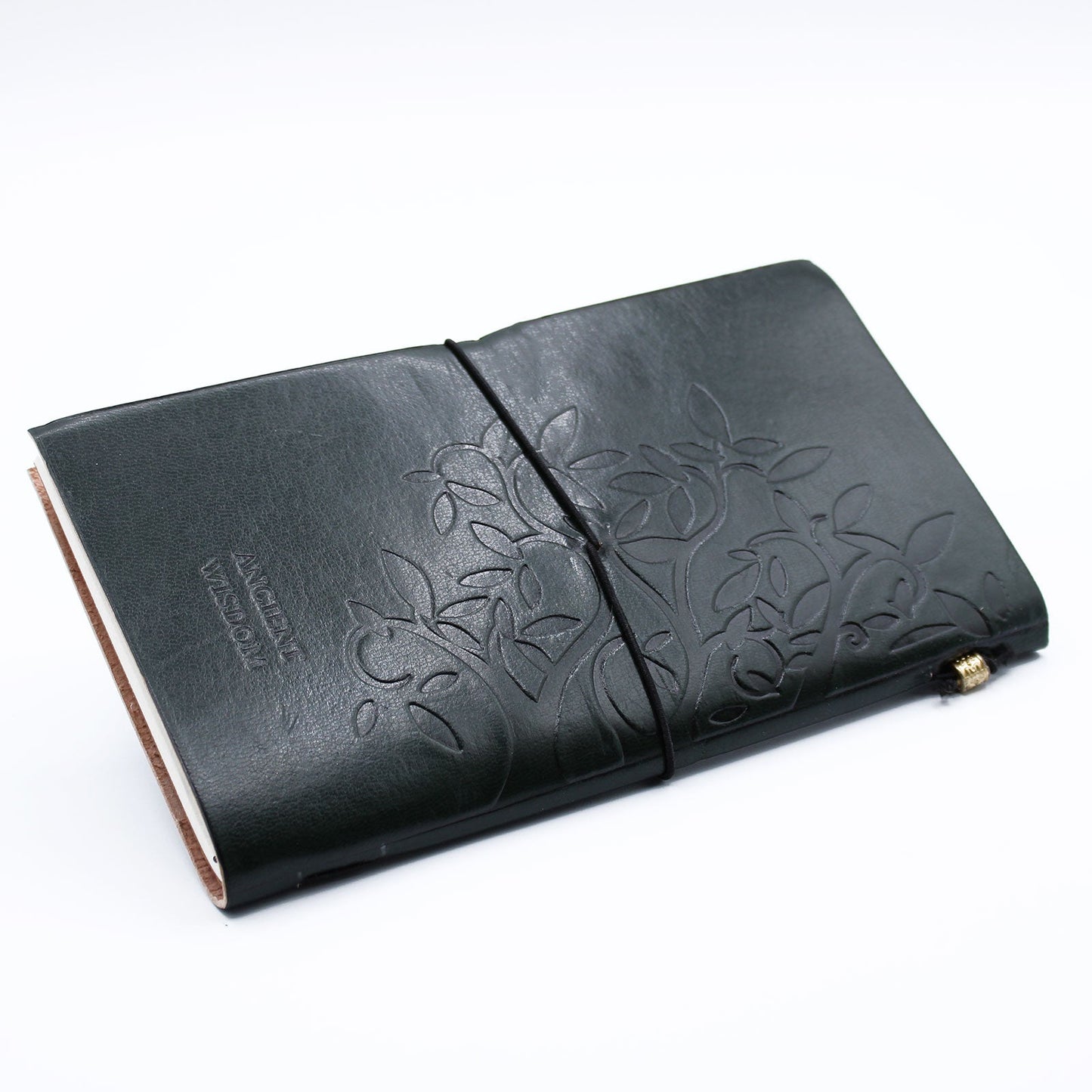 Handmade Leather-Bound Eco-Friendly Journal with Wrap - Slim / Green / Tree of Life product packaging on clean background from Quintessential Holistic Health Ltd