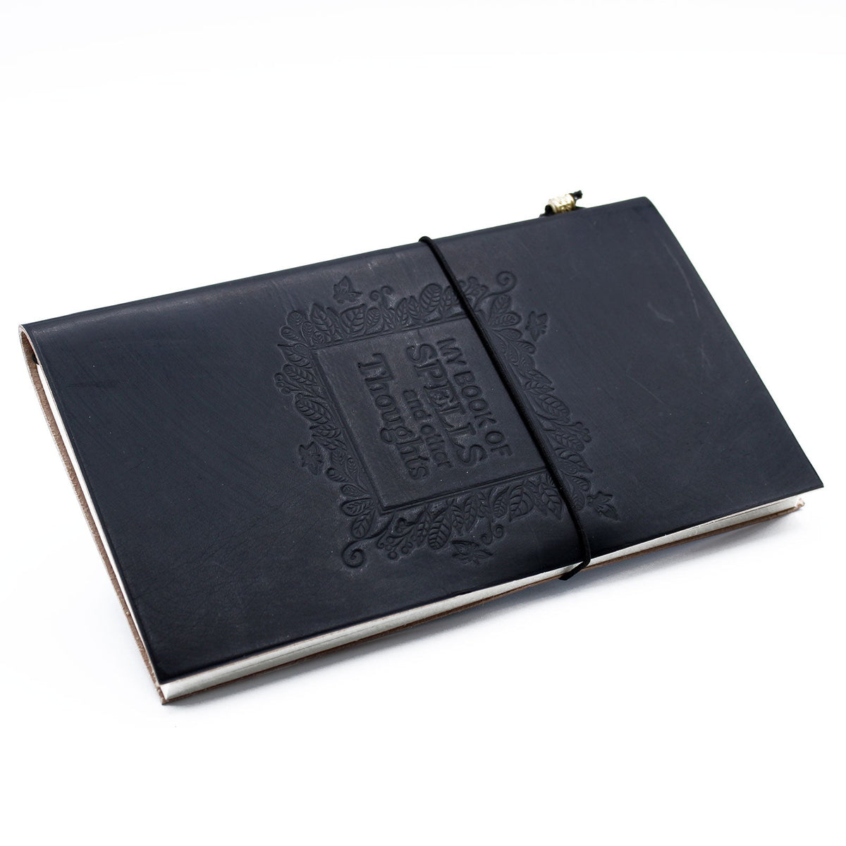 Slim Leather Journal - Black - My Book of Spells and Other Thoughts, with an ornate embossed title panel and black elastic closure, by Quintessential Holistic Health Ltd