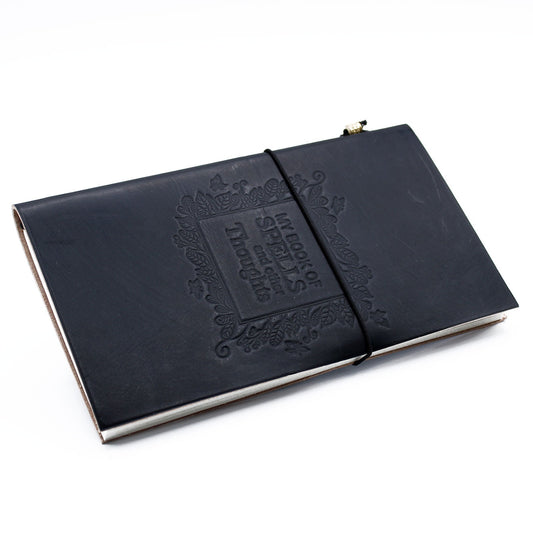 Handmade Leather-Bound Eco-Friendly Journal with Wrap - Slim - Black - My Book of Spells and Other Thoughts - main product image from Quintessential Holistic Health Ltd UK
