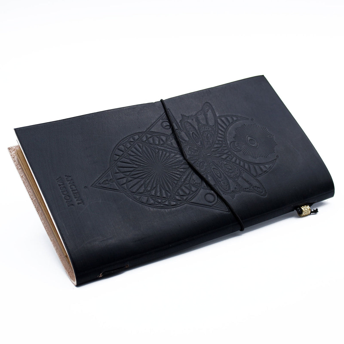 Slim Leather Journal - Black - My Book of Spells and Other Thoughts, with embossed sun and moon artwork and black elastic closure, by Quintessential Holistic Health Ltd