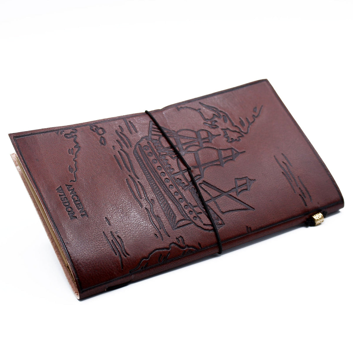 Handmade Slim Leather Journal - Brown - Our Family Adventure Book, with an embossed mountain landscape and black elastic closure, by Quintessential Holistic Health Ltd