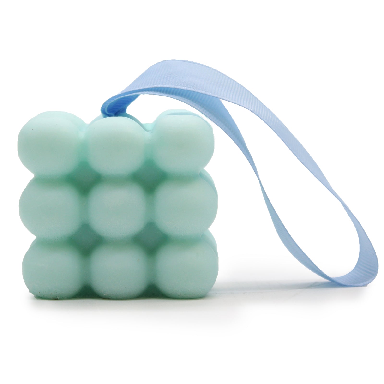 Massage Soap Bar - Tea Tree and Aloe Vera with a pale blue bubble design and blue hanging loop, by Quintessential Holistic Health Ltd