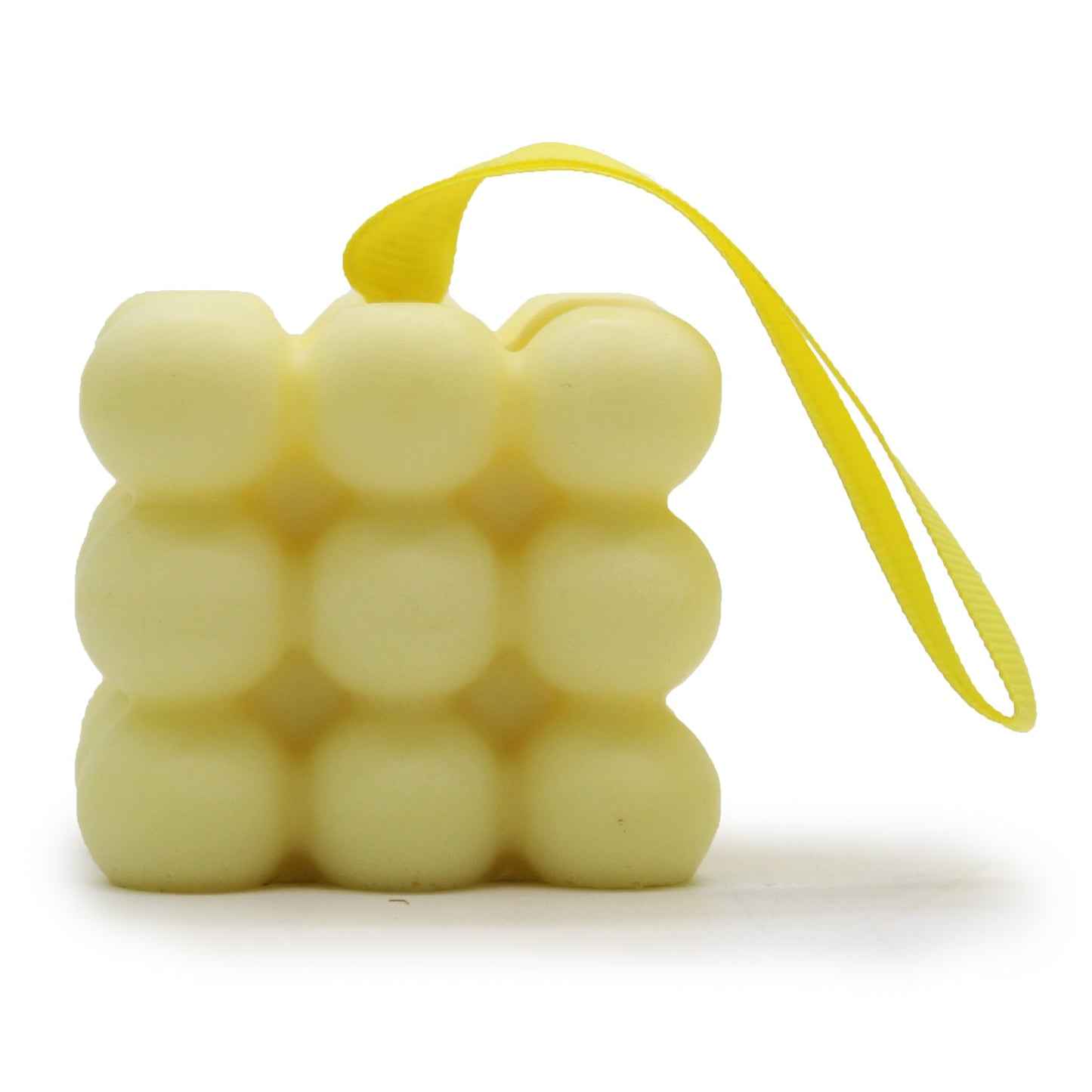 Massage Soap Bar - Peach and Lemon, with a pale yellow bubble design and yellow hanging loop by Quintessential Holistic Health Ltd