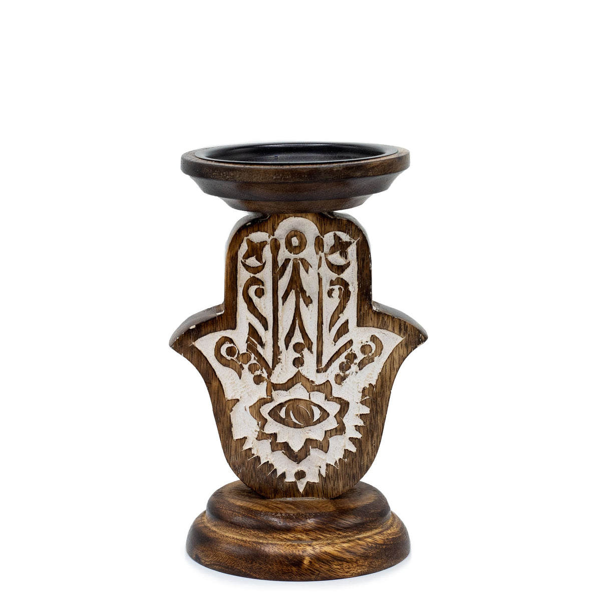 Handmade Mango Wood Hamsa Candle Stand - Small, front view with a white hand, eye and floral motif, by Quintessential Holistic Health Ltd