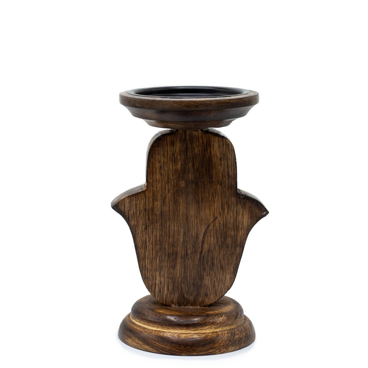 Handmade Mango Wood Hamsa Candle Stand - Small, rear view showing the plain dark hand-shaped panel, by Quintessential Holistic Health Ltd