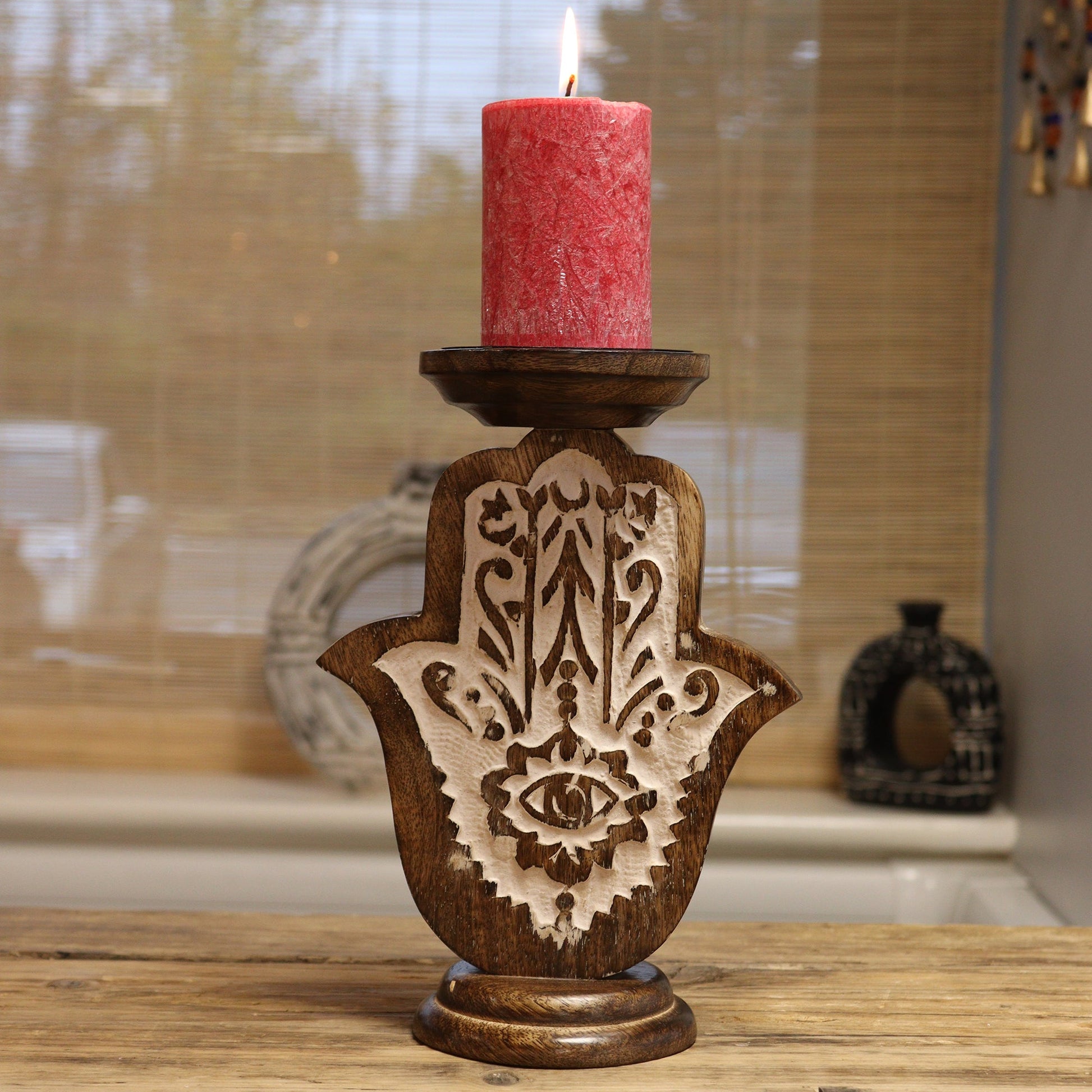 Wooden Handmade Classic Candle Holder Stand - Large / Hamsa product packaging on clean background from Quintessential Holistic Health Ltd