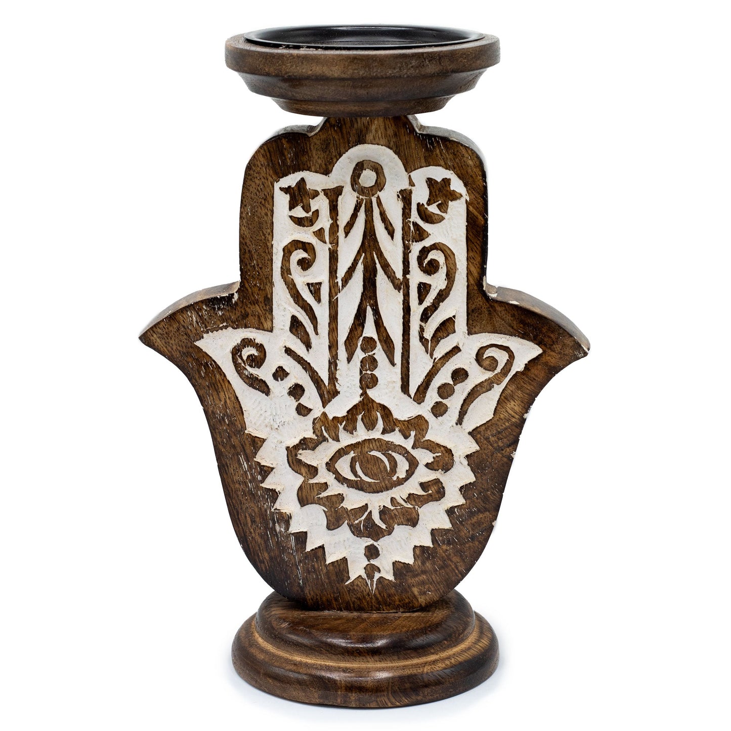 Wooden Handmade Classic Candle Holder Stand - Large / Hamsa product packaging on clean background from Quintessential Holistic Health Ltd