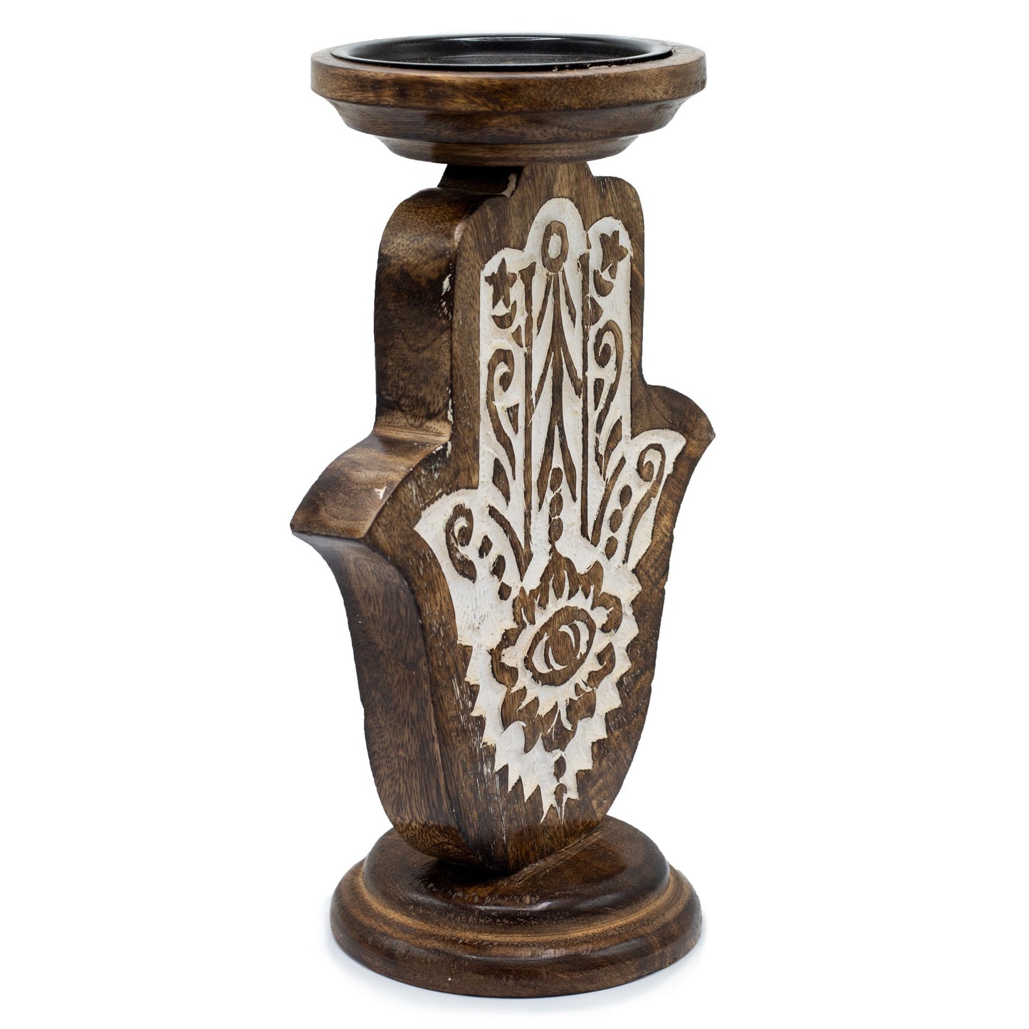Wooden Handmade Classic Candle Holder Stand - Large / Hamsa product packaging on clean background from Quintessential Holistic Health Ltd