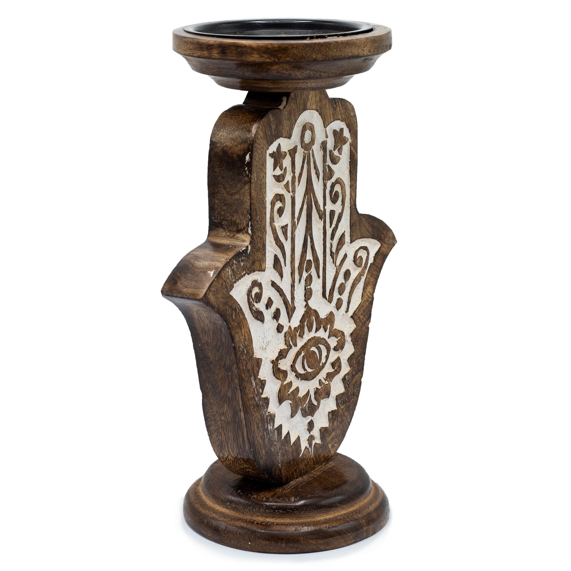 Wooden Handmade Classic Candle Holder Stand - Large / Hamsa product packaging on clean background from Quintessential Holistic Health Ltd