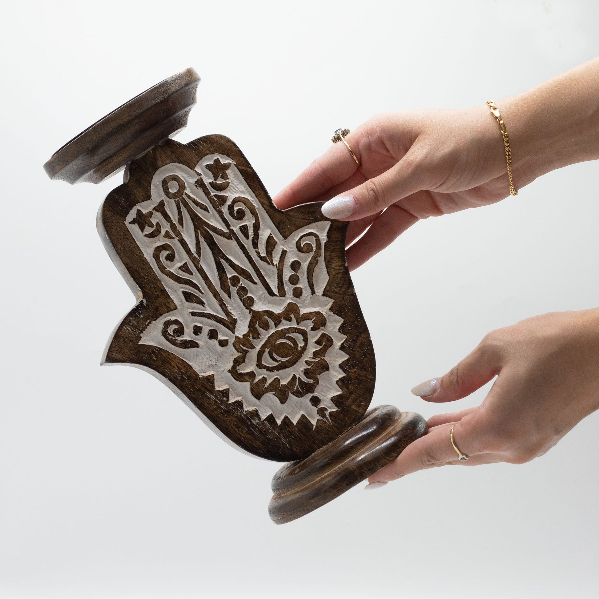 Wooden Handmade Classic Candle Holder Stand - Large / Hamsa product packaging on clean background from Quintessential Holistic Health Ltd