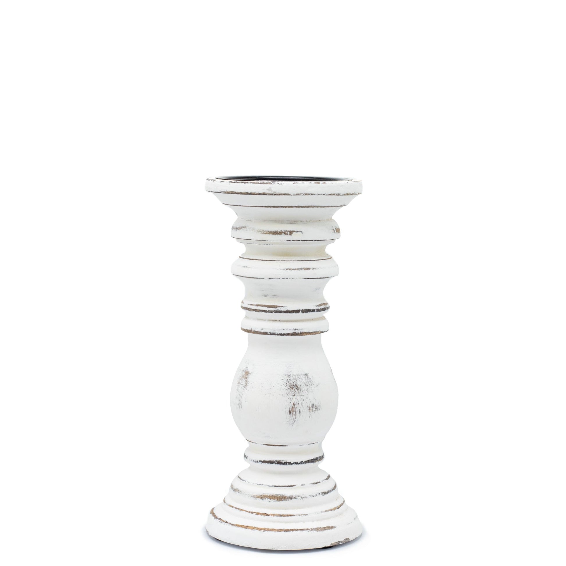 Wooden Handmade Classic Candle Holder Stand - Whitewash - Small, compact white stand with a turned stem and round base by Quintessential Holistic Health Ltd