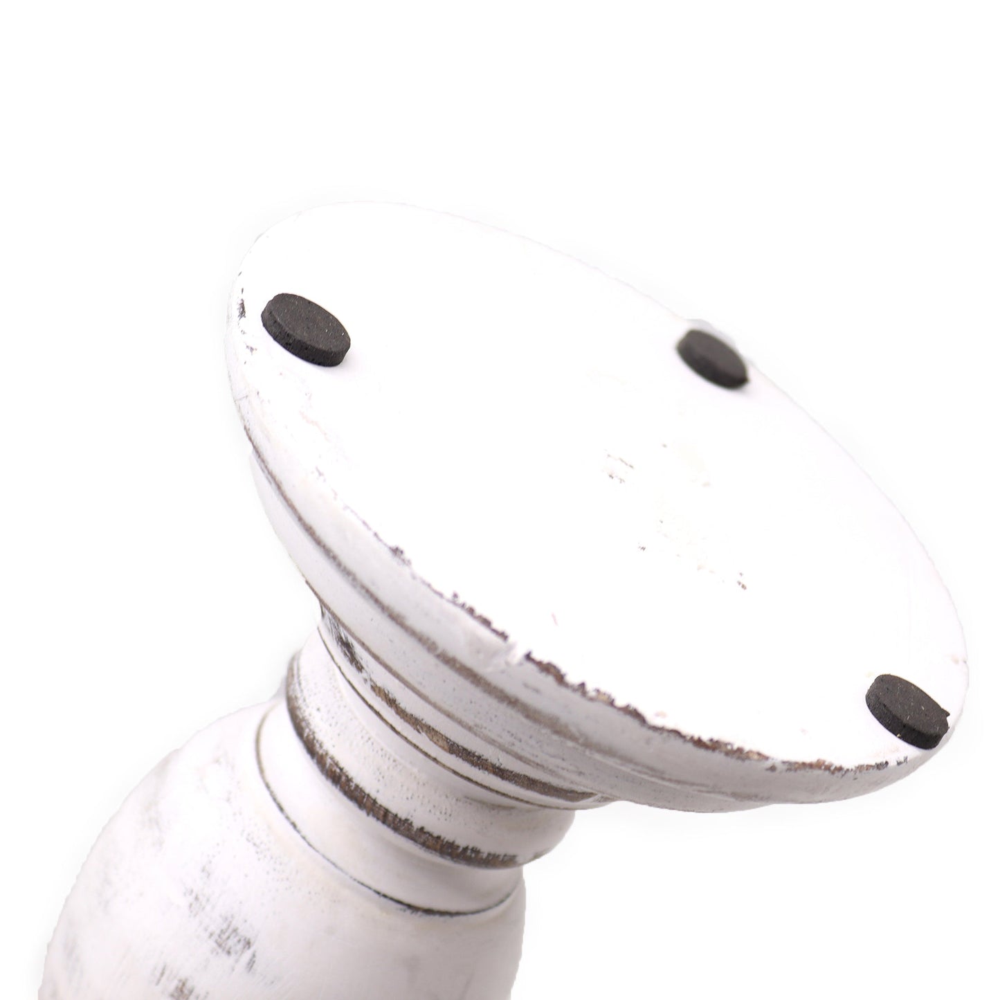 Handmade Mango Wood Candle Stand - Medium Whitewash, close view of the round base with three dark pads by Quintessential Holistic Health Ltd
