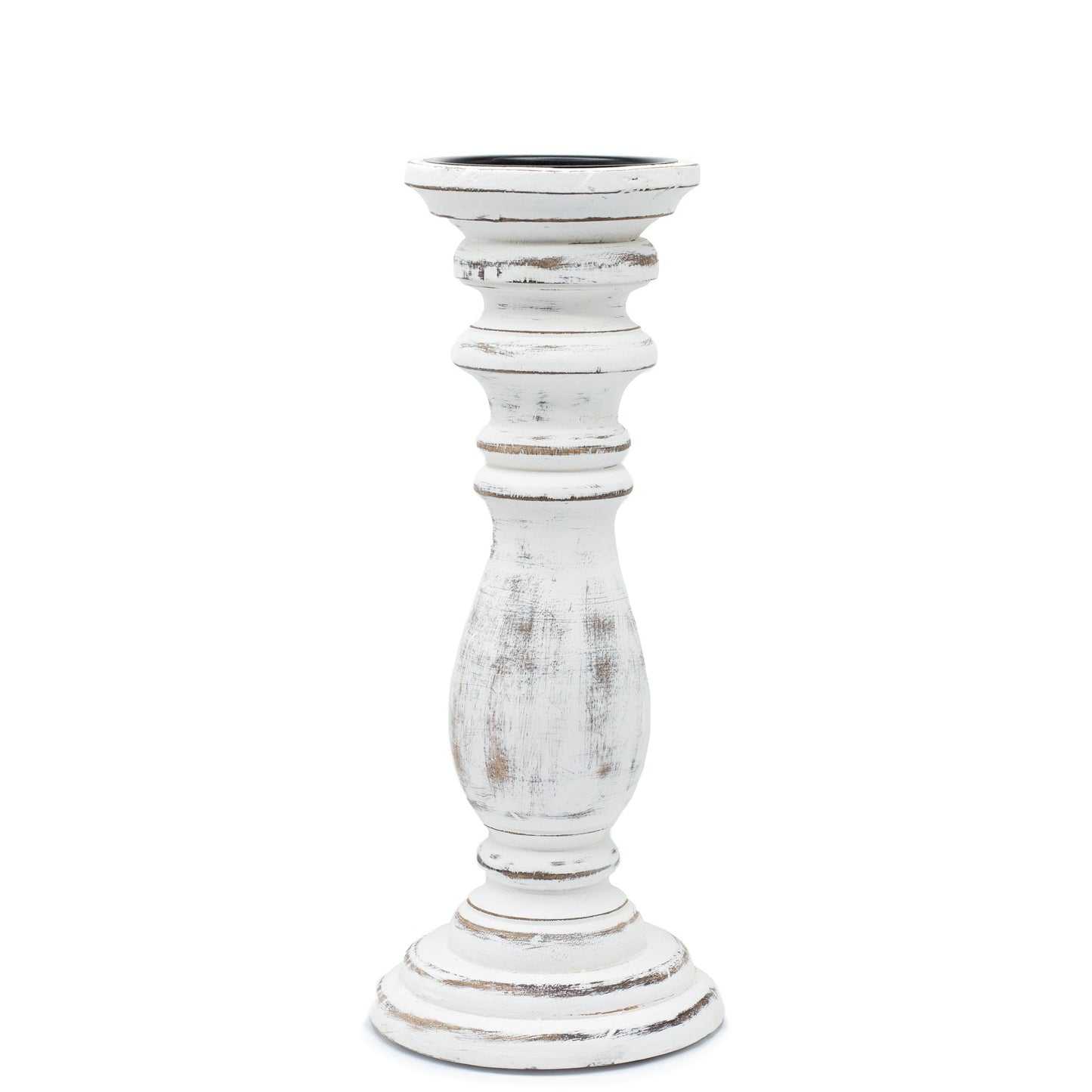 Handmade Mango Wood Candle Stand - Medium Whitewash, slender distressed white stand with a turned stem and tiered base by Quintessential Holistic Health Ltd