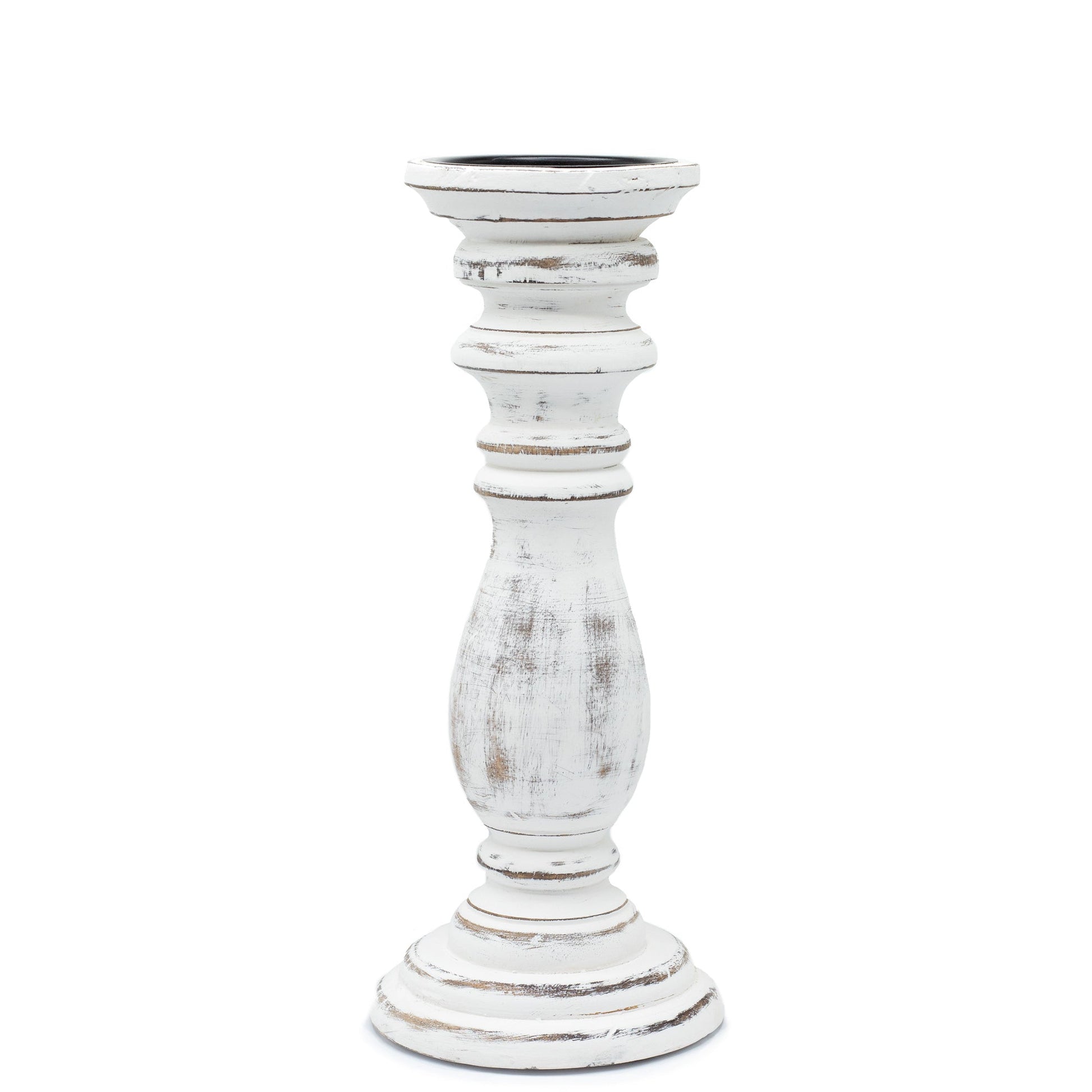 Handmade Mango Wood Candle Stand - Medium Whitewash, slender distressed white stand with a turned stem and tiered base by Quintessential Holistic Health Ltd