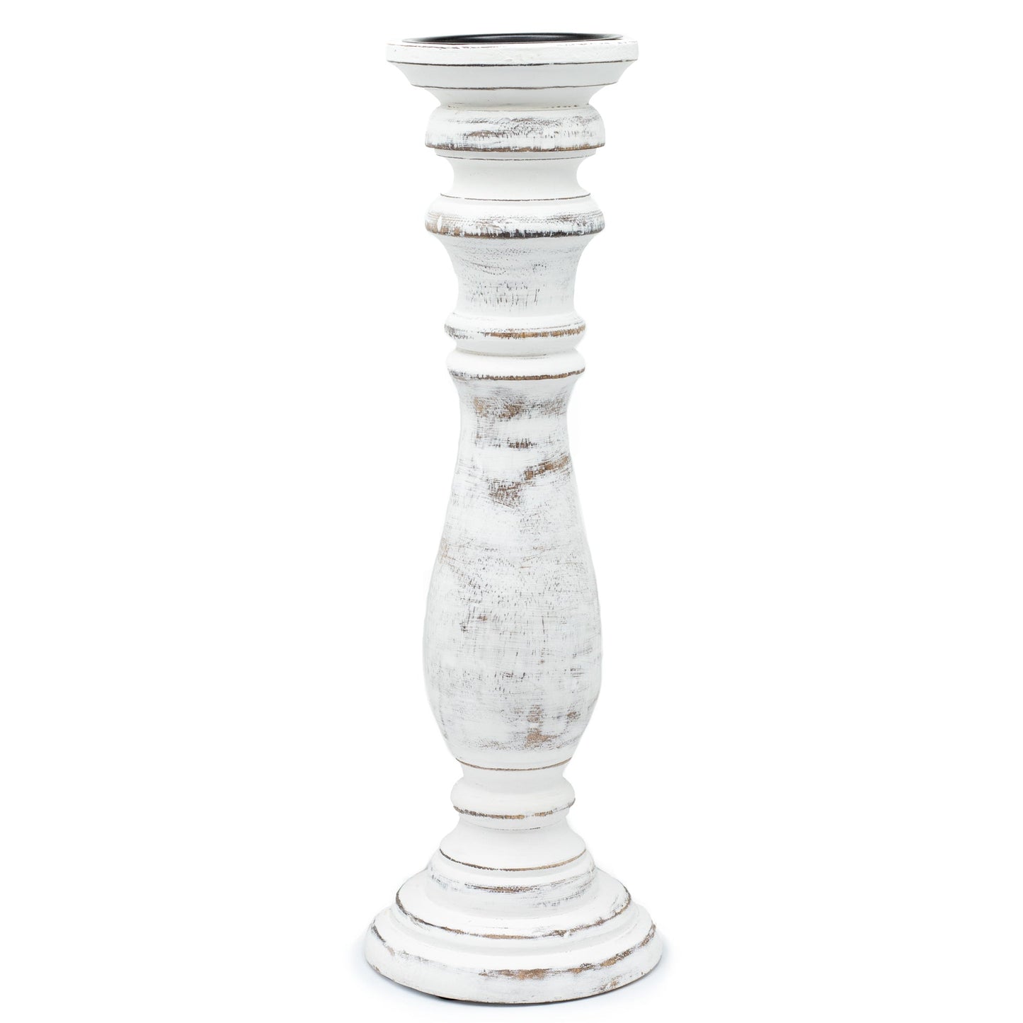 Large Handmade Mango Wood Candle Stand - Whitewash, tall distressed white stand with a turned stem and tiered base by Quintessential Holistic Health Ltd