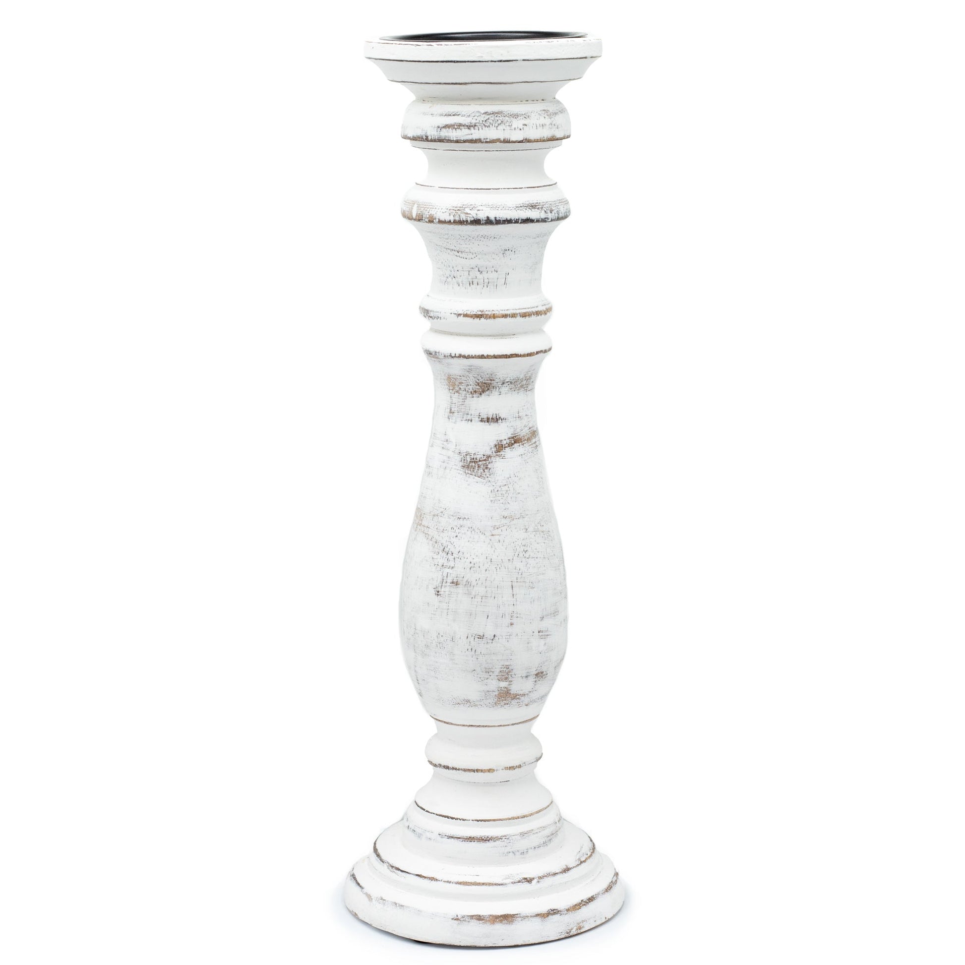 Large Handmade Mango Wood Candle Stand - Whitewash, tall distressed white stand with a turned stem and tiered base by Quintessential Holistic Health Ltd