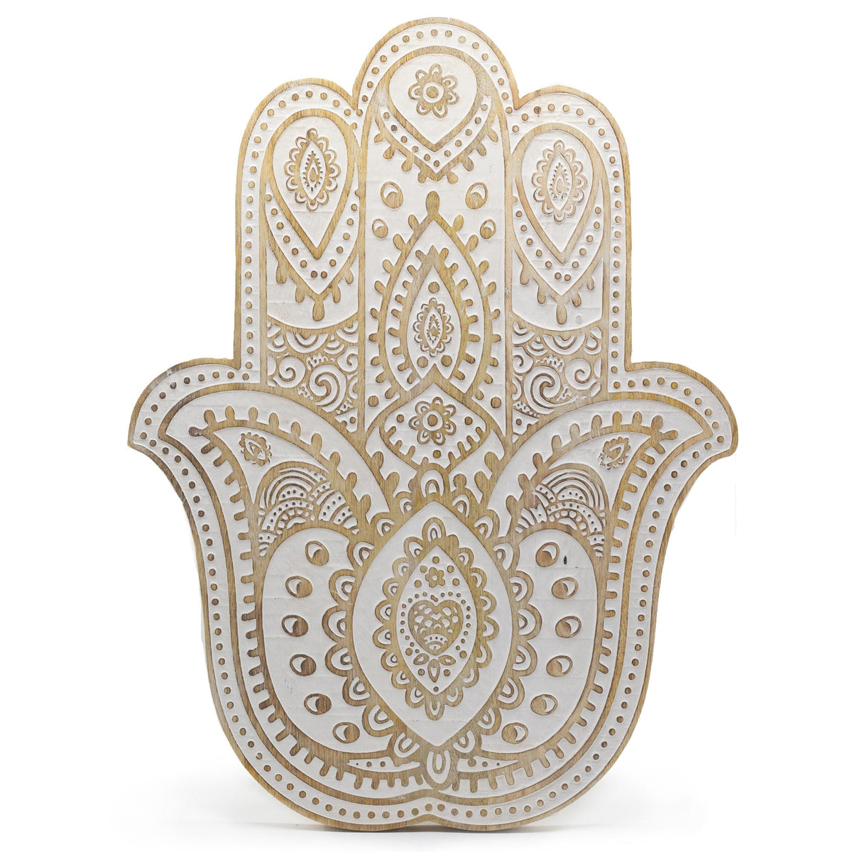 Hand-Carved Mango Wood Hamsa Wall Plaque - Whitewash, front view with intricate hand, eye and floral carving, by Quintessential Holistic Health Ltd