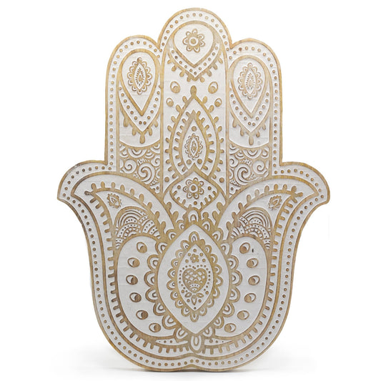 Hand Carved Mango Wood Hamsa Wall Plaque - Whitewash - main product image from Quintessential Holistic Health Ltd UK