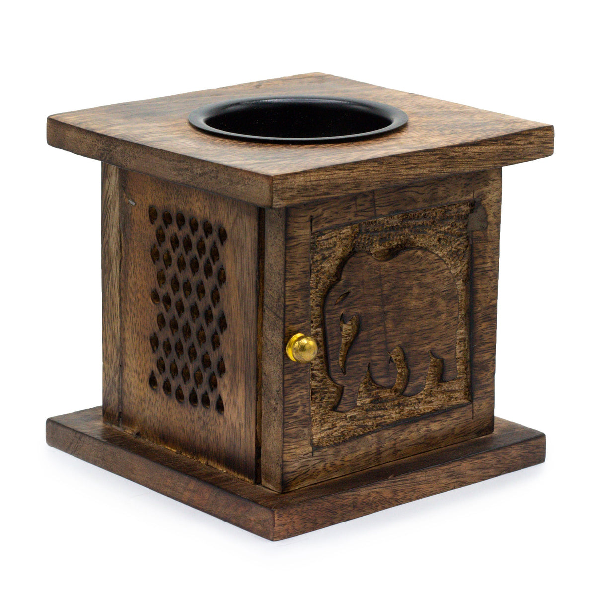 Eco-Friendly Mango Wood Box Oil or Tealight Burner - Elephant, with carved elephant panel, lattice side and brass-coloured knob by Quintessential Holistic Health Ltd