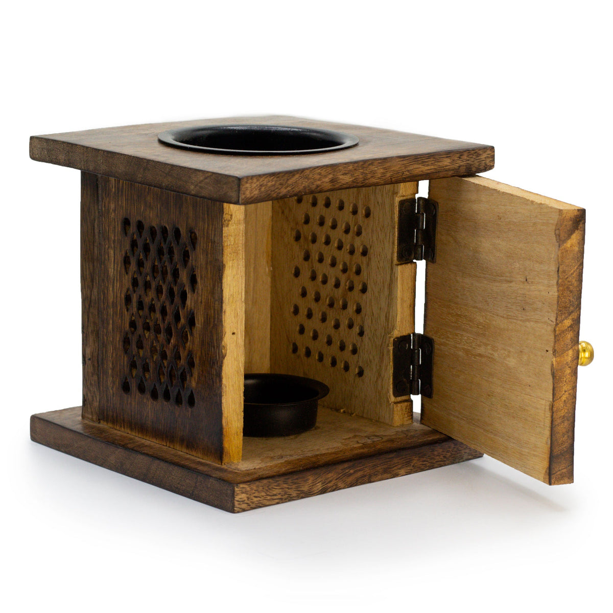 Eco-Friendly Mango Wood Box Oil or Tealight Burner - Elephant, with its side door open to reveal a small black cup by Quintessential Holistic Health Ltd